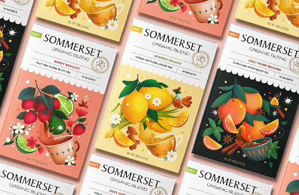 ​食品包装设计公司，为萨默塞特茶叶包装设计项目创作了插图和设计